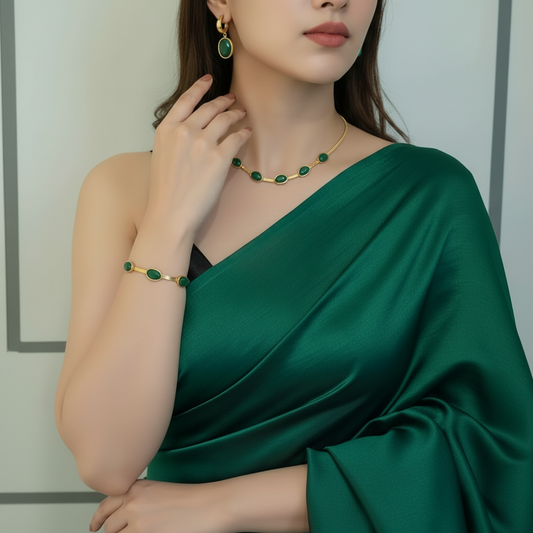 Oval Green Crystal Pendant Necklace Set With Bracelet